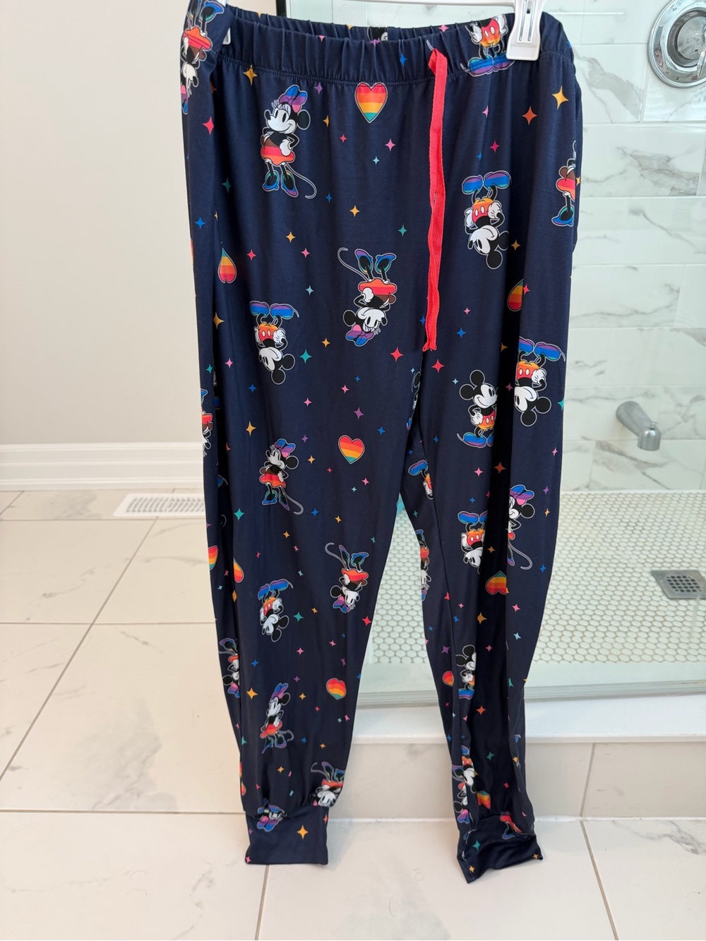 Disney Navy women’s Pajama Bottoms with Rainbow Hearts and Mickey Print - NEW